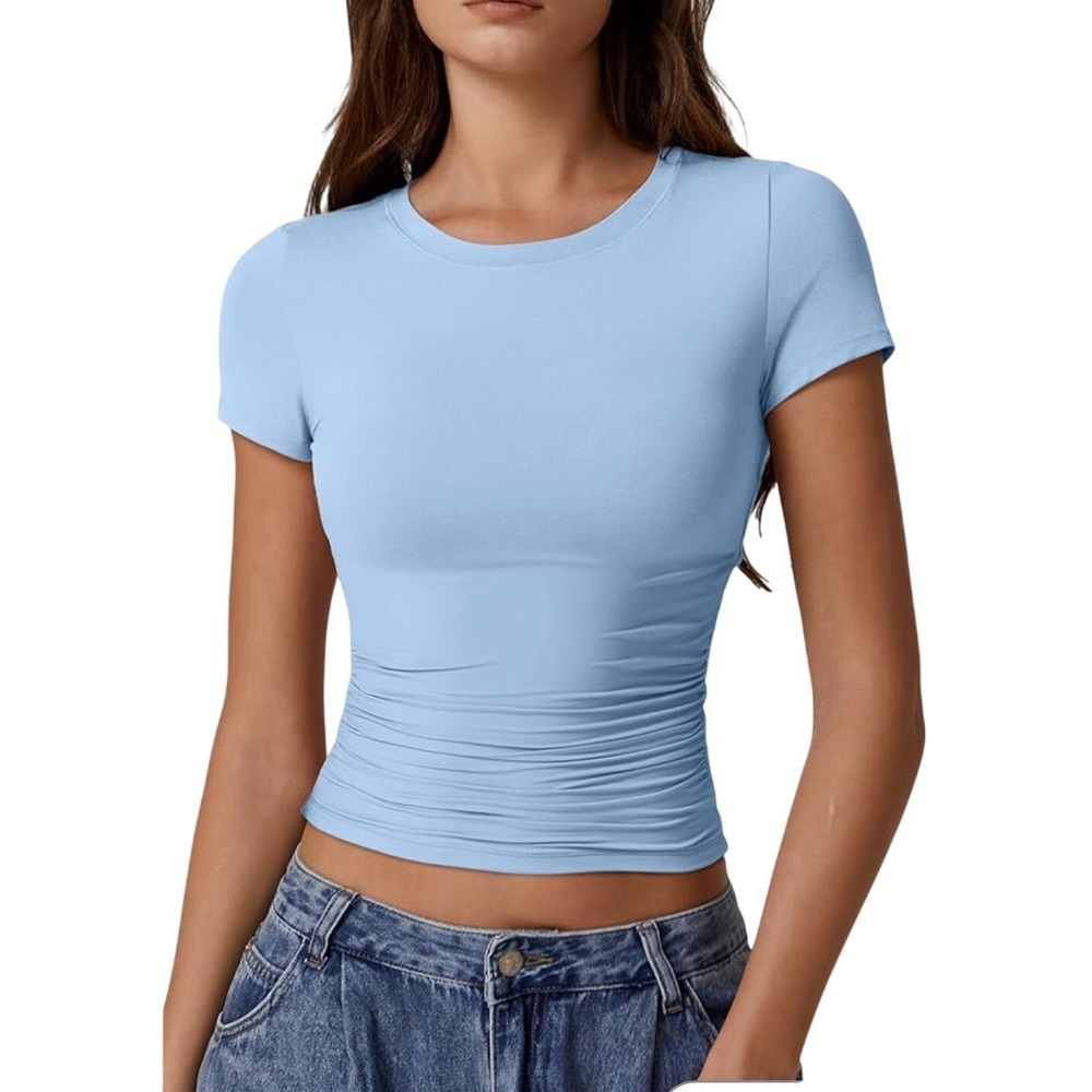 QINSEN Womens Double‎ Layer Short Sleeve T-Shirt Sky Blue Slim Fit Y2K Crop Top